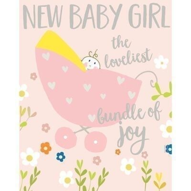 Baby in Pink Pram card by Liz and Pip. Celebrate the arrival of a new baby with this beautiful and quality card. his new Baby Card by Liz and Pip is Embossed and Hot Foiled stamped. ''New Baby Girl The loveliest bundle of joy''. Blank inside for your own message. 120x150mm